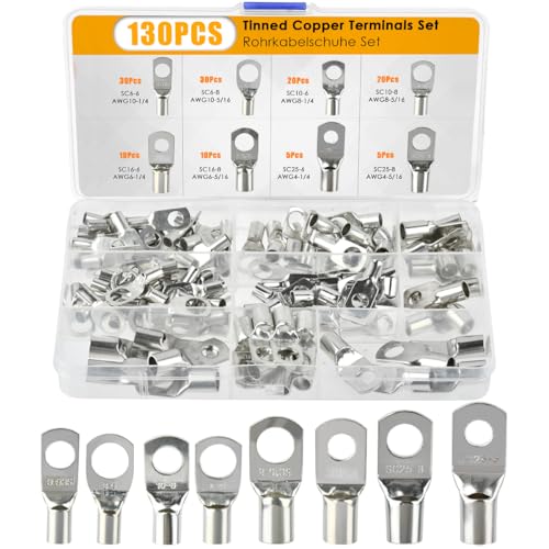 OctBird Kabelschuhe Rohrkabelschuhe Set 130 Pcs,Rohrkabelschuhe Set für 25mm² 16mm² 10mm² 6mm²,Ringkabelschuhe Aus Verzinntem Kupfer Geeignet für Kfz Batteriekabel,Motorad Boote Ringkabelschuhe Set von OctBird