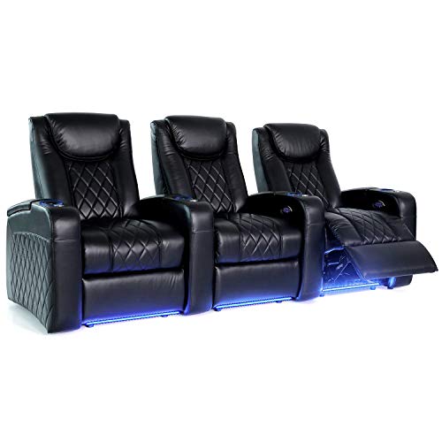 Octane Seating Azure LHR Heimkino-Sitz, schwarzes italienisches Leder, gerade Reihe von 3 Stück, Power-Kopfstütze, Lendenwirbelsäule und Rückenlehne von Octane Seating