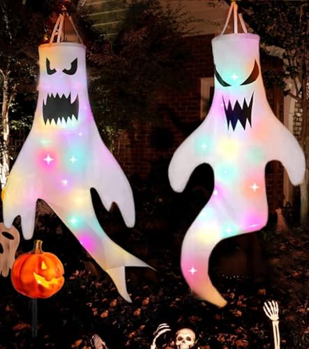 Halloween Geister Windsäcke mit Led Bunt Lichterkette, Halloween Deko Outdoor, Halloween WindsäCke Geist Windsack HäNgen Dekoration, 120cm Halloween Geist Dekoration, 2 Stück von Octonyluck