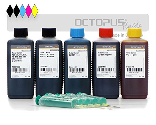 Octopus Concept GmbH Tintennachfüllsets Nachfülltinten Komplettset für Canon PGI-550, CLI-551 Druckerpatronen inkl. Nachfüllspritzen, 5x250ml Tinte für Canon Pixma MG 5450, MG 6350, IP 7250, Non-OEM von Octopus