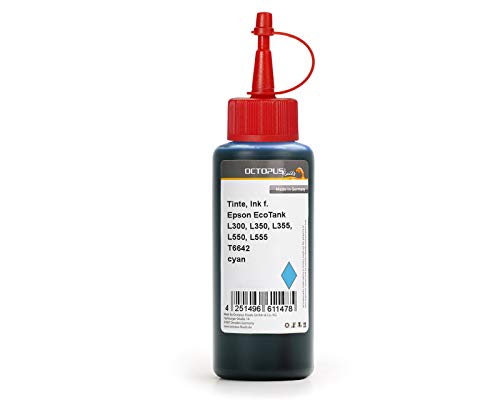 Octopus Fluids 1L Tinte für Epson EcoTank L300, L350, L355, L550, L555 Drucker, Farbe Cyan, Druckertinte für T6642 (kein OEM) von Octopus Fluids