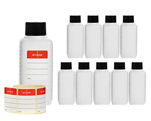 Octopus 10 x 100 ml Kunststoffflaschen, HDPE Plastikflaschen mit schwarzen Schraubverschlüssen, Leerflaschen mit schwarzen Schraubdeckeln, Vierkantflaschen inkl. 10 Beschriftungsetiketten von Octopus