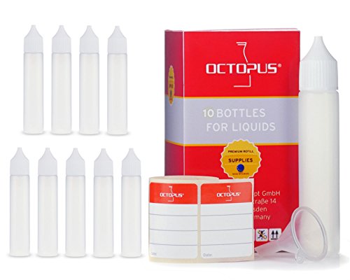 Octopus 10 x 30 ml Liquidflaschen mit Trichter + Etiketten, weiche LDPE Dosierflaschen, Plastikflaschen + weiße Deckel, Malflasche, Stiftflaschen von Octopus