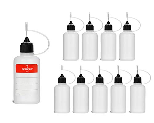 10 x 30 ml Nadelflaschen für Flüssigkeiten, Basen, Aromen, Öle, Farben und Klebstoffe, leere LDPE Kunststoffflaschen mit schwarzen Nadelkappen, inkl. Etiketten von Octopus