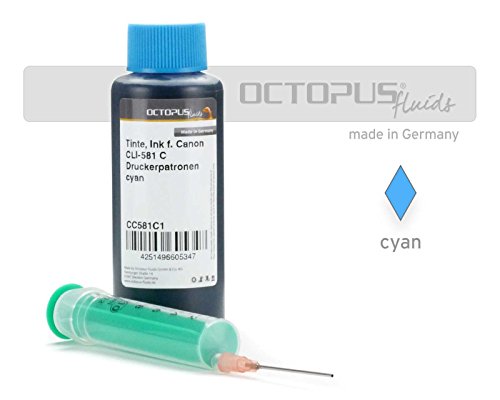 100 ml Druckertinte Cyan kompatibel für Canon CLI-581 C Druckerpatronen mit Zubehör (kein OEM) für Canon Pixma TR 7520, 7550, 8520, 8550, TS 6120, 6127, 6150, 8126, 8150, 8151, 8152, 9150, 9155 von Octopus