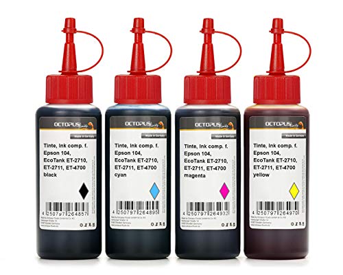 4X 100 ml Tinte, Druckertinte kompatibel für Epson 104 EcoTank ET-2710, ET-2711, ET-4700 CMYK Drucker, Nachfülltinte (kein OEM) von Octopus