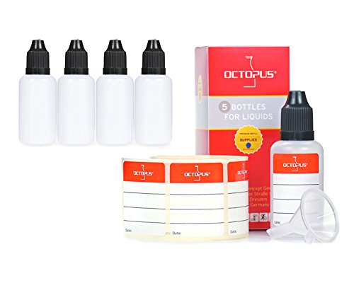 5 x 30 ml Liquidflaschen mit Trichter + Etiketten, Plastikflaschen aus PE LDPE, Dosierflaschen, Tropfflaschen bzw. Quetschflaschen + schwarze Deckel mit Kindersicherung von Octopus