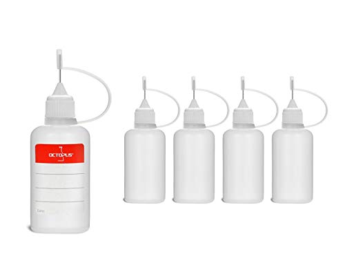 Octopus 5 x 30 ml Nadelflaschen für Liquids, Basen, Aromen, Öle, Farben und Klebstoffe, Leere LDPE Kunststoffflaschen Verdampfer Clearomizer mit weißen Nadelkappen, inkl. Etiketten von Octopus