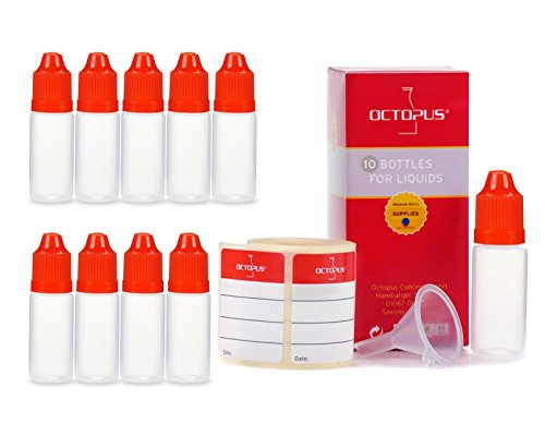 Octopus 10 x 10 ml Liquidflaschen mit Trichter + Etiketten, Plastikflaschen aus PE LDPE, Liquid Dosierflaschen, Tropfflaschen bzw. Quetschflaschen + rote Deckel von Octopus