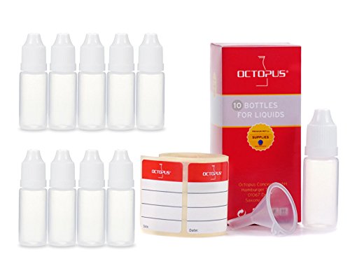 10 x 10 ml Liquidflaschen mit Trichter + Etiketten, Plastikflaschen aus PE LDPE, Dosierflaschen, Tropfflaschen bzw. Quetschflaschen + weiße Deckel von Octopus