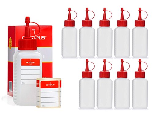 10x 100 ml HDPE Plastikflaschen, Kunststoffflaschen mit roten Spritzverschlüssen,Tropfverschlüssen, inkl. Beschriftungsetiketten von Octopus
