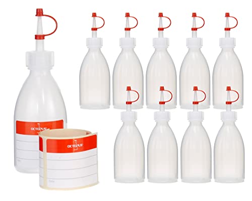 10 Plastikflaschen 100 ml aus LDPE, natur, G18, Tropfverschluss, rotes Halteband und Käppchen von Octopus