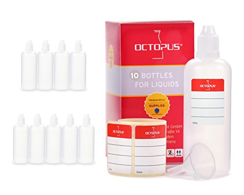 10 x 100 ml Plastikflaschen mit Trichter + Etiketten, Dosierflaschen aus PE LDPE, Tropfflaschen bzw. Quetschflaschen + weiße Deckel von Octopus