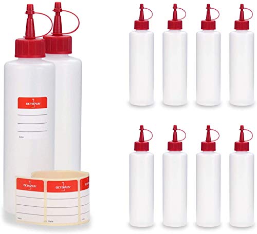 10x 250 ml HDPE Plastikflaschen, z.B. für Füssigkeiten, Kunststoffflaschen mit roten Spritzverschlüssen/Tropfverschlüssen, inkl. Beschriftungsetiketten von Octopus