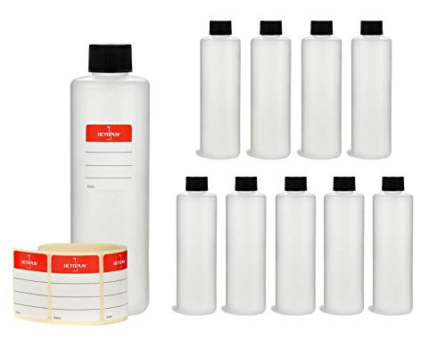Octopus 10 x 250 ml Kunststoffflaschen, HDPE Plastikflaschen mit schwarzen Schraubverschlüssen, Leerflaschen mit schwarzen Schraubdeckeln, Rundflaschen inkl. 10 Beschriftungsetiketten von Octopus