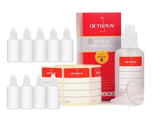 Octopus 10 x 50 ml Liquidflaschen mit Trichter + Etiketten, Plastikflaschen aus PE LDPE, Liquid Dosierflaschen, Tropfflaschen bzw. Quetschflaschen + weiße Deckel von Octopus