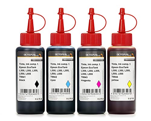 Octopus 4X 250 ml Tinte, Druckertinte kompatibel für Epson EcoTank L300, L350, L355, L365, L455, L550, L555, L565, L100, L200 Drucker, Nachfülltinte für T6641, T6642, T6643, T6644 (kein OEM) von Octopus