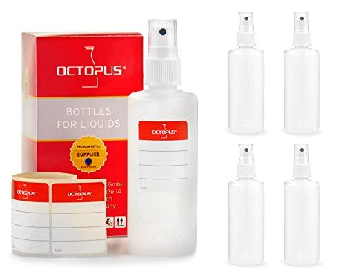 Octopus 5X 100 ml Sprühflaschen mit Fingerzerstäuber, Plastikflaschen mit Pumpsprüher, Kunststoffflaschen aus HDPE mit Zerstäuber, inkl. Beschriftungsetiketten von Octopus