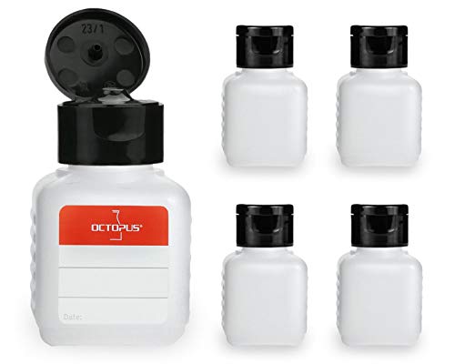 Octopus 5 x 50 ml Kunststoffflaschen, HDPE Plastikflaschen mit schwarzem Klappverschluss, Leerflaschen mit schwarzem Scharnierverschluss, Vierkantflaschen inkl. 5 Beschriftungsetiketten von Octopus
