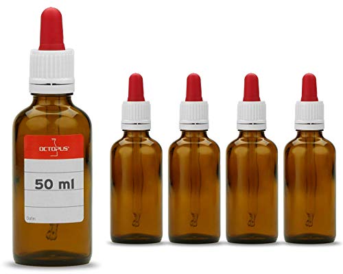 Octopus 5 x 50 ml Pipettenflaschen mit Glaspipette, z.B. für Farben oder Öle, Braunglasflaschen mit Dosierpipette bzw. Apothekerflaschen mit Tropfpipette von Octopus