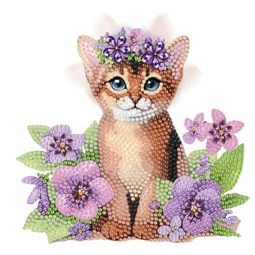 2D Flacher Katzen-DIY Wackelkopf Katze Lila Blumen Diamantmalerei Desktop Deko (YY03) von Ocuuer