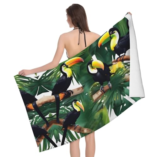 OdDdot Aldult Handtuch mit Tukanen, Papageien, Palmenblättern, schnelltrocknend, Mehrzweck-Badetuch für Damen, für Yoga, Schwimmen, Spa von OdDdot