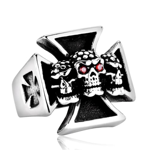 OdDdot Edelstahl für Männer Punk Rock Schmuck DREI Totenkopf Kreuzring mit rotem Stein im Stil Trendiger beliebter Ring von OdDdot