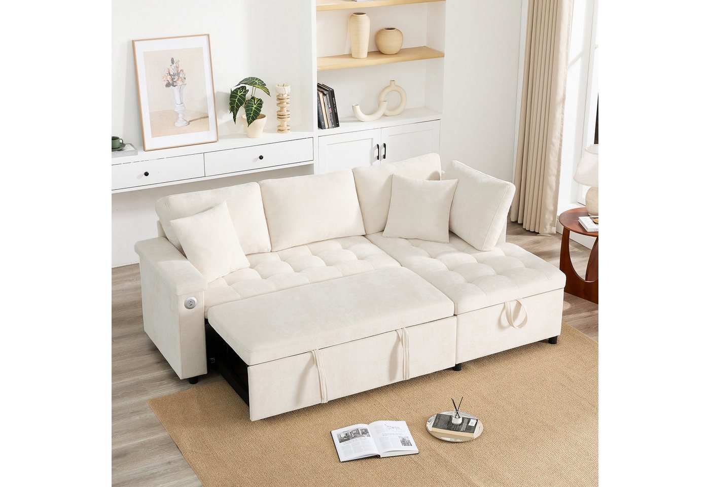 Odikalo 3-Sitzer Schlafsofa L-Sofa mit ausziehbarem, mit Schlaffunktion, Stauraum, USB-Ladegerät, Armlehnenablage und 2 Kissen, geeignet für Wohnzimmer etc, mit Relaxfunktion von Odikalo