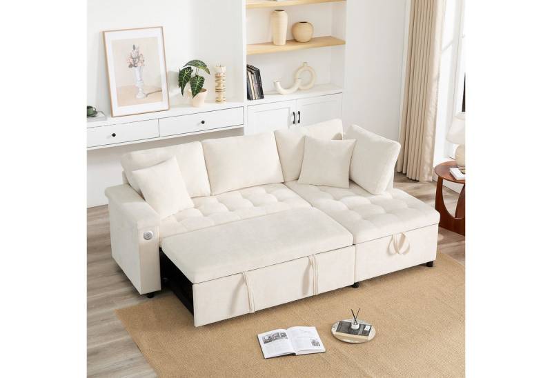 Odikalo 3-Sitzer Schlafsofa L-Sofa mit ausziehbarem, mit Schlaffunktion, Stauraum, USB-Ladegerät, Armlehnenablage und 2 Kissen, geeignet für Wohnzimmer etc, mit Relaxfunktion von Odikalo