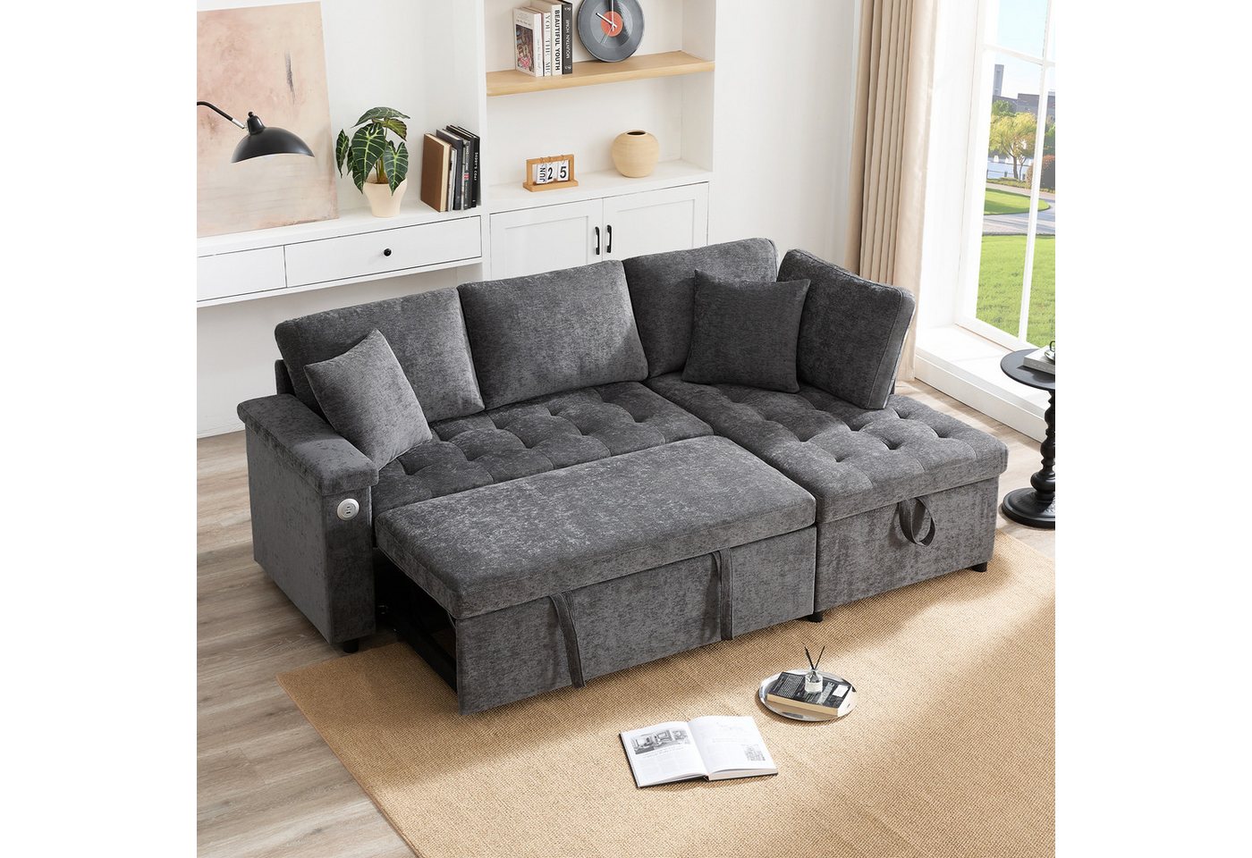 Odikalo 3-Sitzer Schlafsofa L-Sofa mit ausziehbarem, mit Schlaffunktion, Stauraum, USB-Ladegerät, Armlehnenablage und 2 Kissen, geeignet für Wohnzimmer etc, mit Relaxfunktion von Odikalo