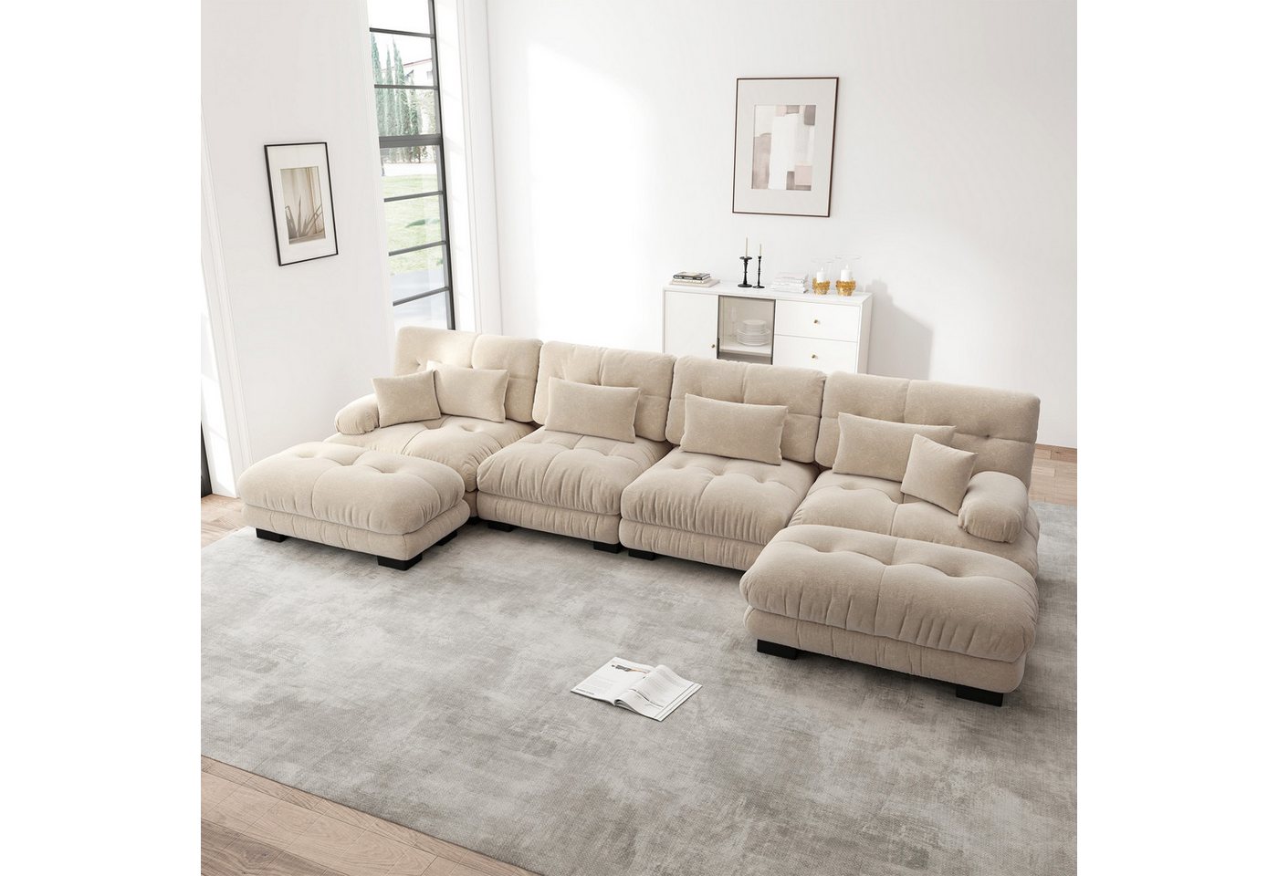 Odikalo 4-Sitzer Modulares Sofa Schlafsofa mit Tiefensitz, 4-Sitzer Modulares Ecksofa mit Tiefensitz, Chenille Schlafsofa Komfortabel Gepolstert für Wohnzimmer, Apartment, Studio, Büro, Chenille Mehrfarbig von Odikalo