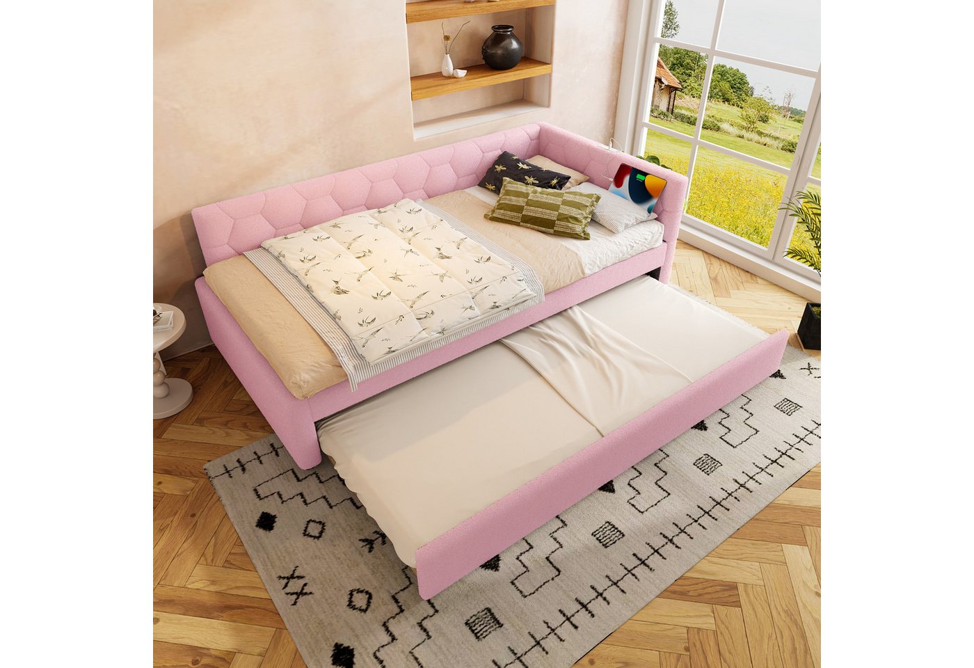 Odikalo Ausziehbett Daybett Polsterbett Tagesbett Schlafsofa mit USB 90/140x200 Weiß/Rosa Odikalo Ausziehbett Daybett Polsterbett Tagesbett Schlafsofa mit USB 90/140x200 Weiß/Rosa von Odikalo