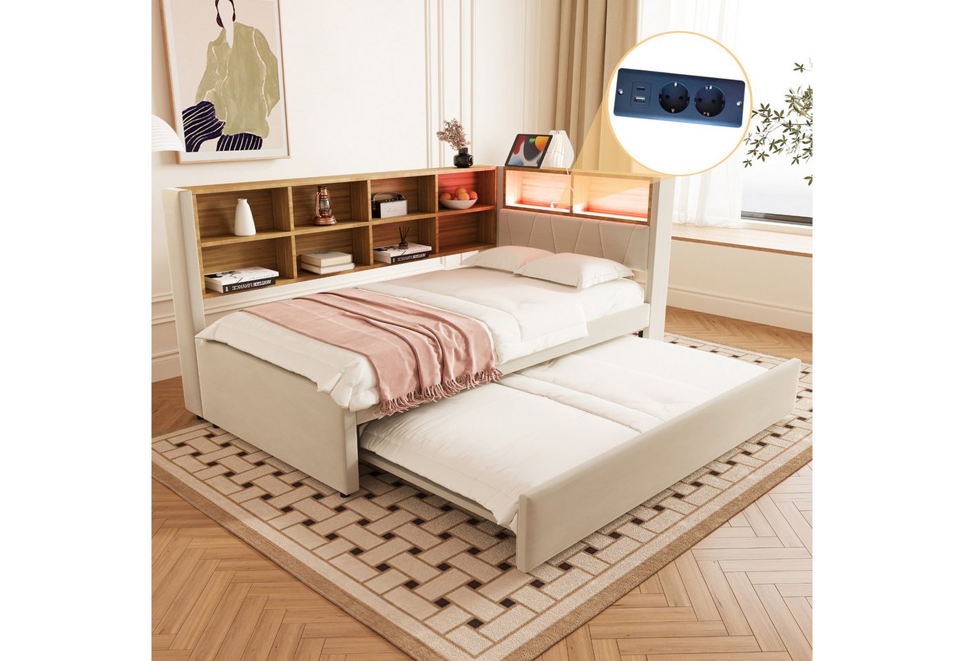 Odikalo Ausziehbett Schlafsofa Polsterbett Bettgestell Ablagefach 90x190/200cm Mehrfarbig von Odikalo