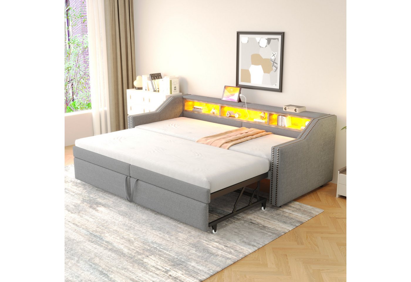 Odikalo Ausziehbett Schlafsofa Polsterbett Staufach USB Lattenrost 90-180x200cm Mehrfarbig von Odikalo