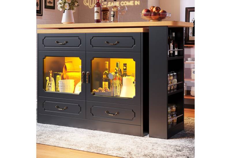 Odikalo Bartisch Kücheninsel 360° drehbar, mit LED (Ausziehbarer Bartisch mit Stauraum(135-203×39×92.8cm), 360° drehbare Essbar, geeignet für Schlafzimmer, Wohnzimmer, Esszimmer, Teleskopischer Bartisch mit LED, Hochtisch Kücheninsel, Schwarz), Breite 39 cm von Odikalo