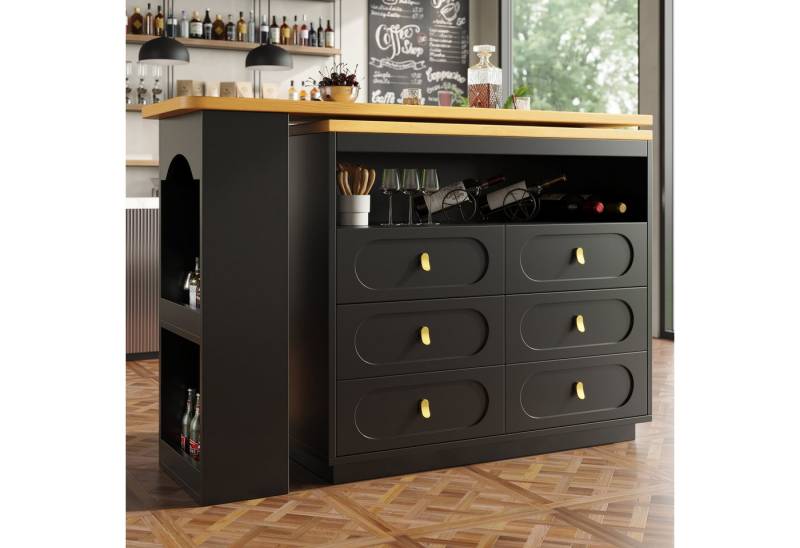 Odikalo Bartisch Sideboard 360° drehbar, mit 6 Schubladen (Hochwertiger Ausziehbarer Bartisch mit 360° Drehfunktion und Stauraum, Längenverstellbar von 138-203cm,Moderner Rollbarer Bar Tisch mit Schubladen für Küche, Wohnzimmer, Esszimmer, Homeoffice, Schwarz), Breite 39 cm von Odikalo