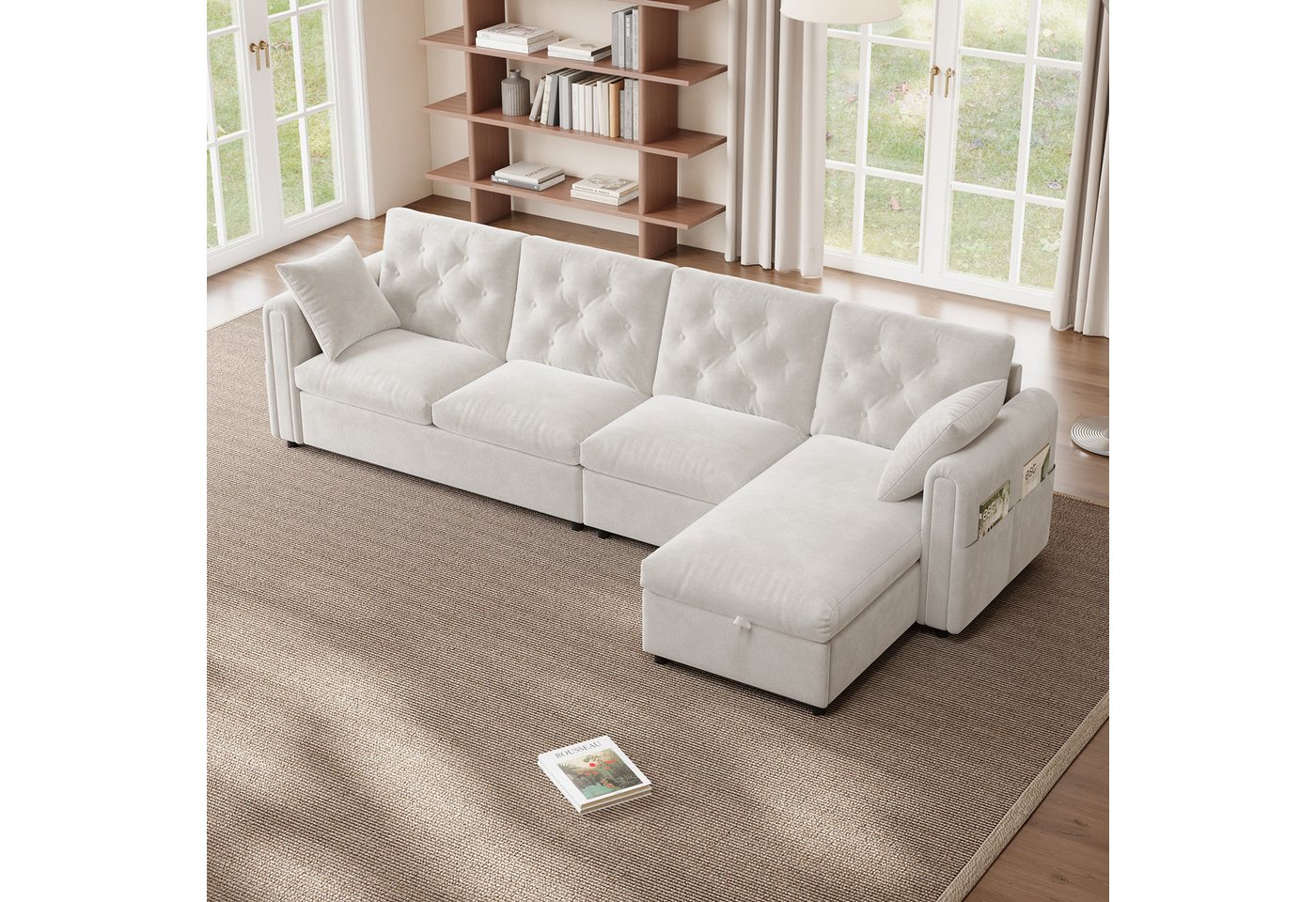 Odikalo Big-Sofa Ecksofa Samt Stauraum,verstellbarer Ecke & Magazintaschen beige/grau von Odikalo