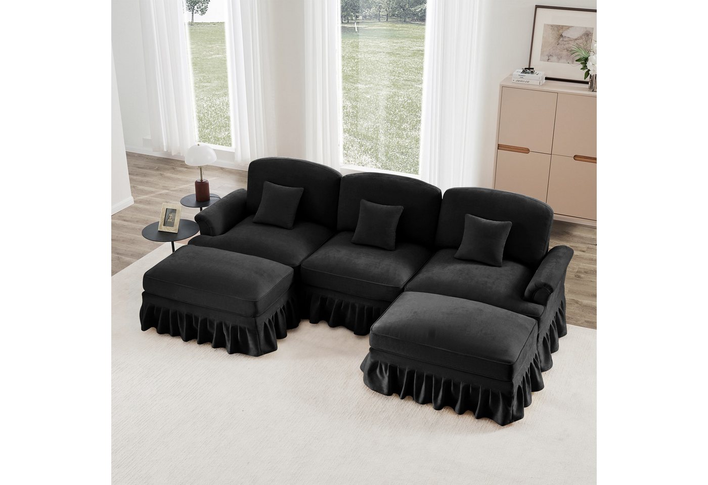 Odikalo Big-Sofa Ecksofa mit Schlaffunktion und Volant, Elegantes Mid-Century 2-3-4-5-Sitzer Sofa aus Chenille mit Trichter-Armlehnen, abnehmbarer Rüschenschürze & spindelförmigen Beinen – Komfortables Sofa fürs Wohnzimmer, Mehrfarbig von Odikalo