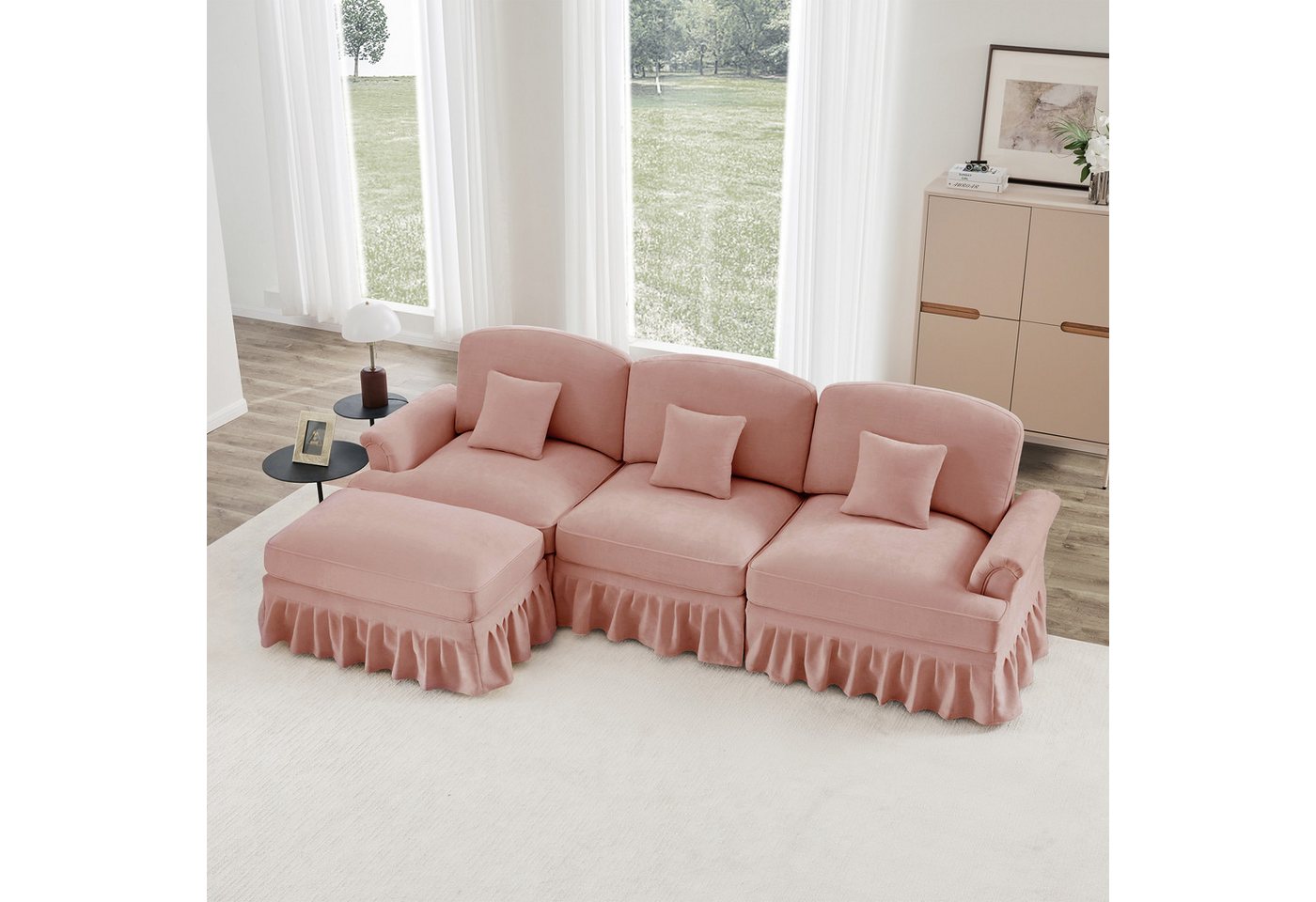 Odikalo Big-Sofa Ecksofa mit Schlaffunktion und Volant, Elegantes Mid-Century 2-3-4-5-Sitzer Sofa aus Chenille mit Trichter-Armlehnen, abnehmbarer Rüschenschürze & spindelförmigen Beinen – Komfortables Sofa fürs Wohnzimmer, Mehrfarbig von Odikalo