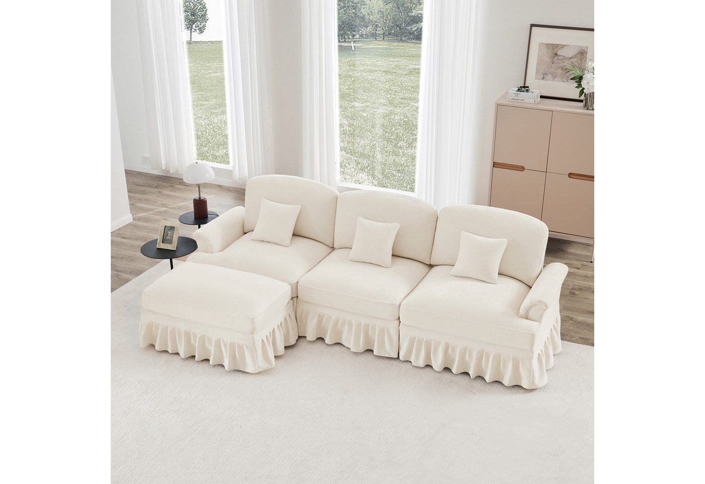 Odikalo Big-Sofa Ecksofa mit Schlaffunktion und Volant, Elegantes Mid-Century 2-3-4-5-Sitzer Sofa aus Chenille mit Trichter-Armlehnen, abnehmbarer Rüschenschürze & spindelförmigen Beinen – Komfortables Sofa fürs Wohnzimmer, Mehrfarbig von Odikalo