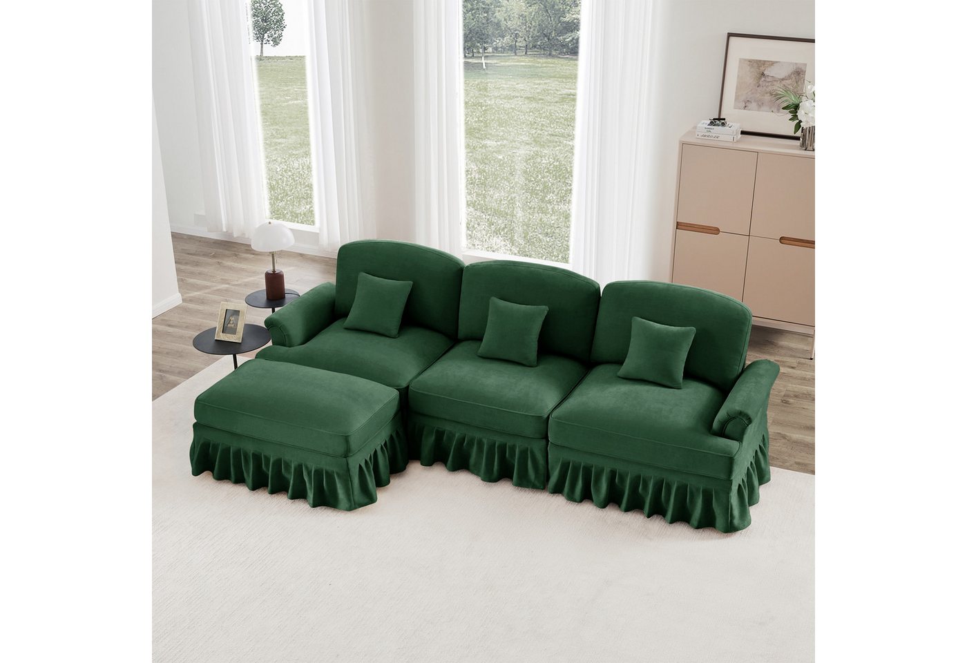 Odikalo Big-Sofa Ecksofa mit Schlaffunktion und Volant, Elegantes Mid-Century 2-3-4-5-Sitzer Sofa aus Chenille mit Trichter-Armlehnen, abnehmbarer Rüschenschürze & spindelförmigen Beinen – Komfortables Sofa fürs Wohnzimmer, Mehrfarbig von Odikalo