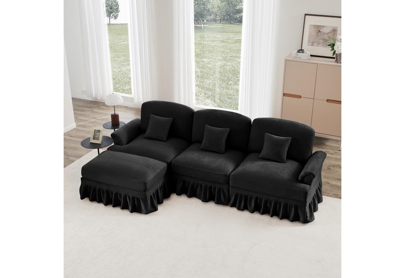 Odikalo Big-Sofa Ecksofa mit Schlaffunktion und Volant, Elegantes Mid-Century 2-3-4-5-Sitzer Sofa aus Chenille mit Trichter-Armlehnen, abnehmbarer Rüschenschürze & spindelförmigen Beinen – Komfortables Sofa fürs Wohnzimmer, Mehrfarbig von Odikalo