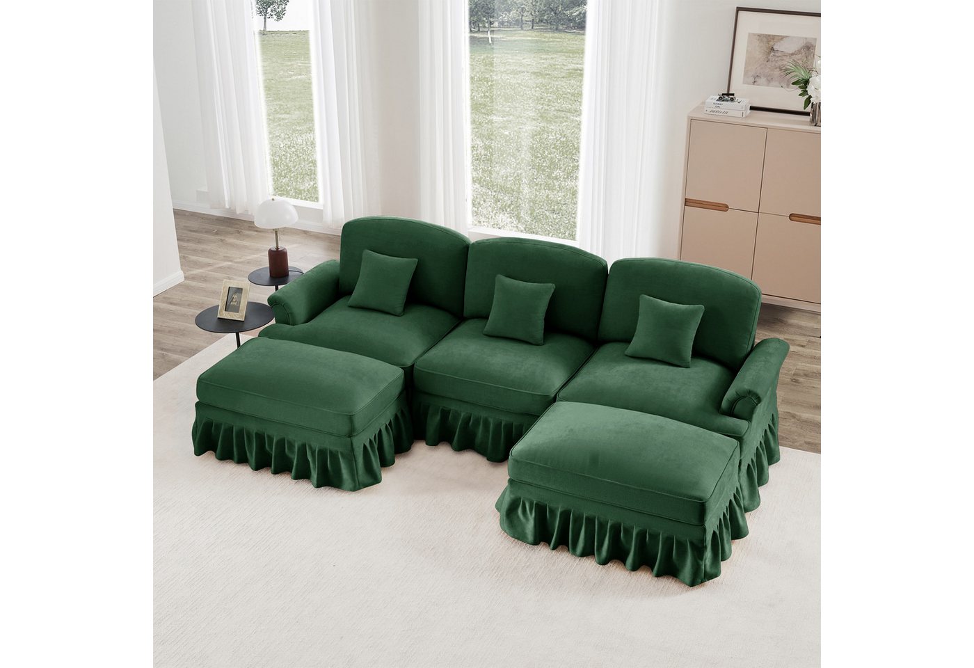 Odikalo Big-Sofa Ecksofa mit Schlaffunktion und Volant, Elegantes Mid-Century 2-3-4-5-Sitzer Sofa aus Chenille mit Trichter-Armlehnen, abnehmbarer Rüschenschürze & spindelförmigen Beinen – Komfortables Sofa fürs Wohnzimmer, Mehrfarbig von Odikalo