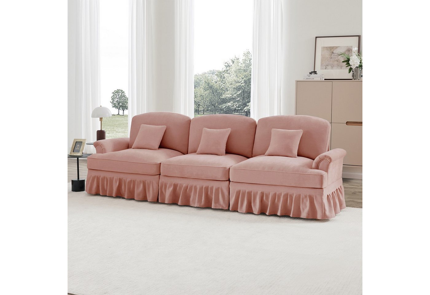 Odikalo Big-Sofa Ecksofa mit Schlaffunktion und Volant, Elegantes Mid-Century 2-3-4-5-Sitzer Sofa aus Chenille mit Trichter-Armlehnen, abnehmbarer Rüschenschürze & spindelförmigen Beinen – Komfortables Sofa fürs Wohnzimmer, Mehrfarbig von Odikalo
