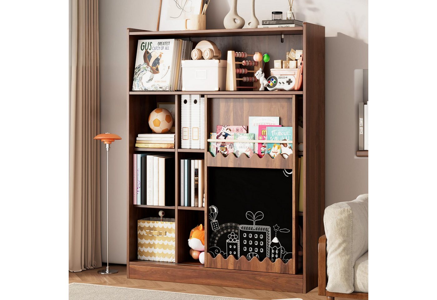 Odikalo Bücherregal mit Maltafel für Kinder, Bücherregal mit Tafel, Schiebetüren & Bilderbuchablage, Offenes 9-Fach Regal mit großem Stauraum, 120x38.5x151.5 cm, Nussbaumfarben von Odikalo