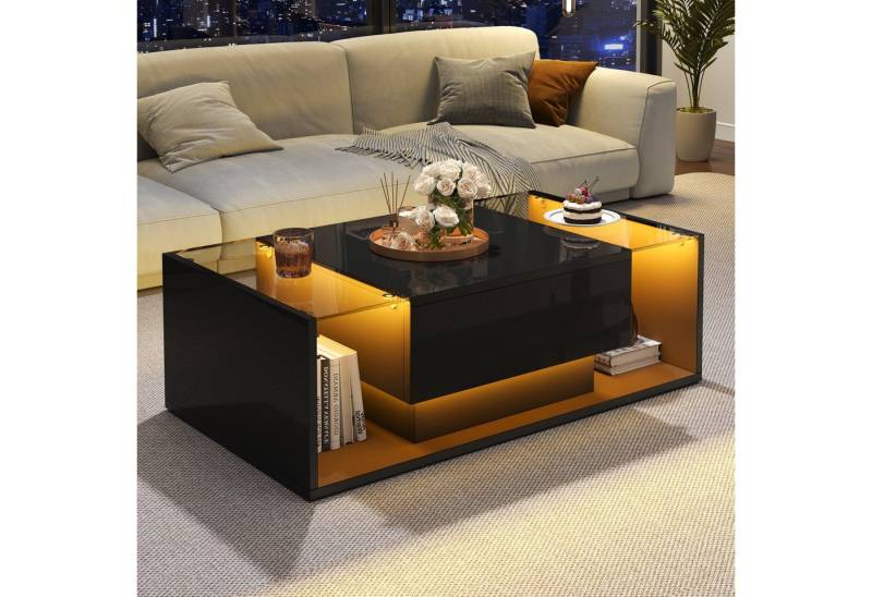 Odikalo Couchtisch Beistelltisch Wohnzimmertisch mit LED & Schublade (100*50*31cm Couchtisch, kaffetisch mit 1 Schublade und LED-Lichtleiste, Beistelltisch aus gehärtetem Glas,Hochglanz-Sofatisch, Schwarz / Weiß Wohnzimmertisch mit minimalistischem Design) von Odikalo