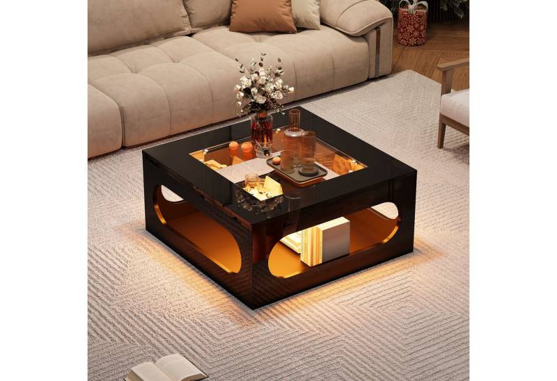 Odikalo Couchtisch Beistelltisch mit LED (70*70*35cm quadratischer Wohnzimmertisch, ausgehöhlter Couchtisch in der Mitte, Teetisch mit Tischplatte aus gehärtetem Glas,Hochglanz LED Wohnzimmer Beistelltisch,Weihnachtsfeiertisch,Schwarz, MDF) Odikalo Couchtisch Beistelltisch mit LED (70*70*35cm quadratischer Wohnzimmertisch, ausgehöhlter Couchtisch in der Mitte, Teetisch mit Tischplatte aus gehärtetem Glas,Hochglanz LED Wohnzimmer Beistelltisch,Weihnachtsfeiertisch,Schwarz, MDF) von Odikalo
