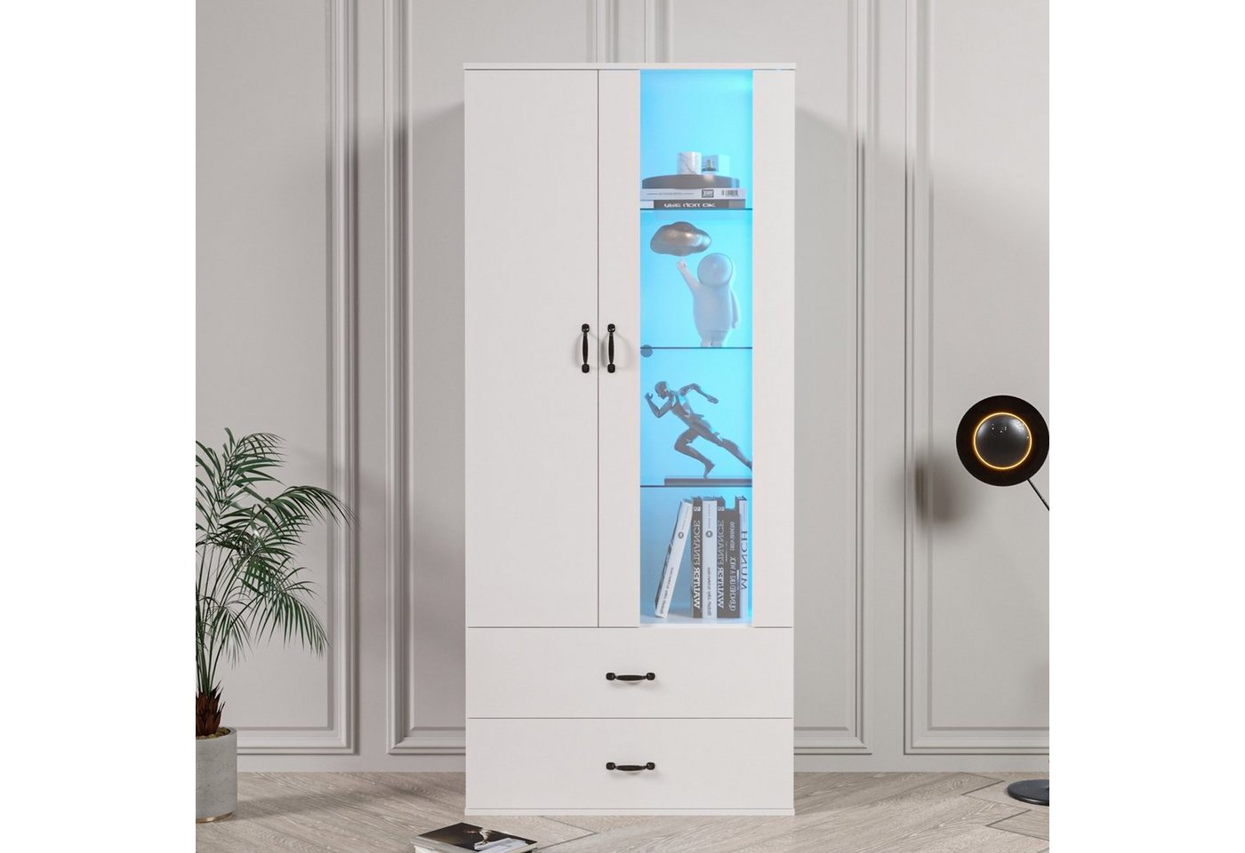 Odikalo Eckschrank Vitrine 16-LED Standregal Wohnzimmerschrank Wohnwände Hochregal Weiß von Odikalo