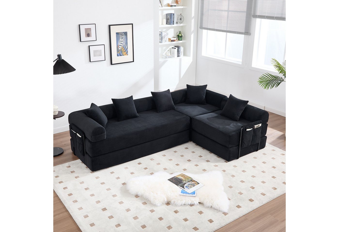 Odikalo Ecksofa 4-Sitzer Modulares Sofa mit Schlaffunktion merhfarbig, Gemütliches Familiensofa mit Stauraum & modularer Funktion – vakuumverpackt für mühelose Montage, frei kombinierbare Module und haustierfreundlich. Perfekt für entspannte Momente von Odikalo