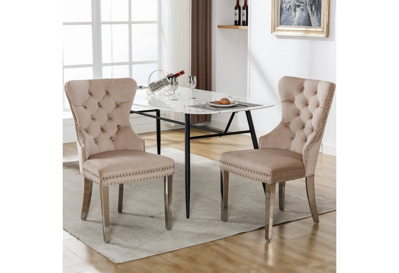 Odikalo Esszimmerstuhl 2 St Küchenstuhl Polsterstuhl Massivholz/Metallbeine Samt beige/grau von Odikalo
